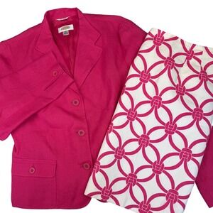 Talbots 2pc Set Irish Linen Buttons Blazer A-Line Lined Skirt Pink White Size 8